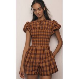 Anthropologie Maeve Puff-Sleeve Smocked Romper Rust Orange Plaid Size L NEW